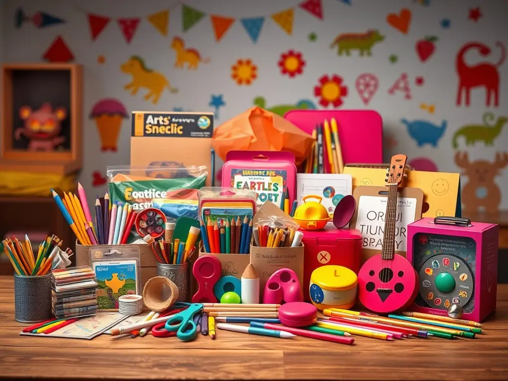 A close-up shot of various cultural resources available in the hospital library, including art supplies, musical instruments, and educational games, showcasing the diverse range of activities offered.