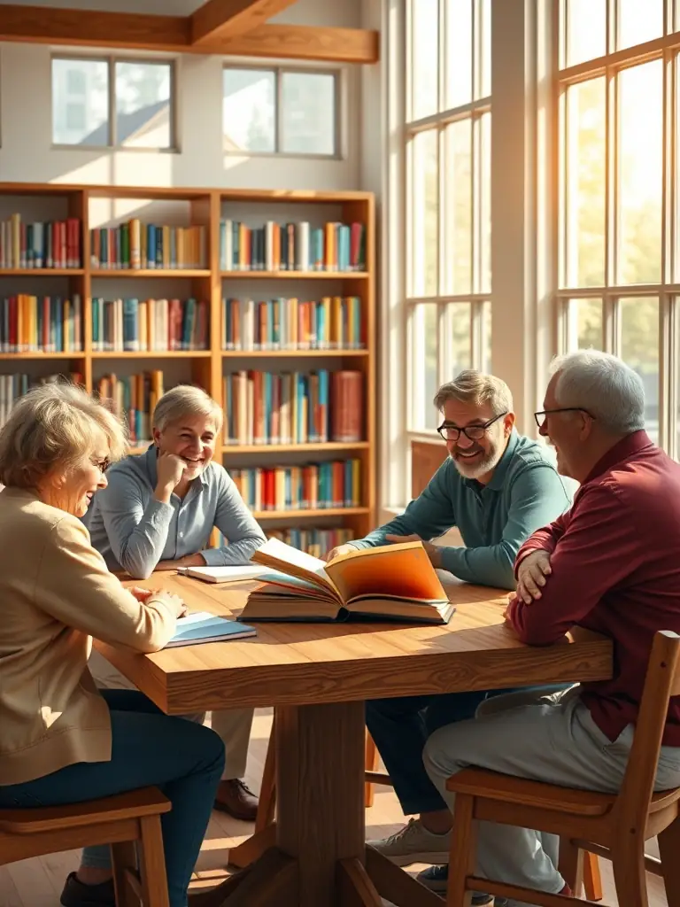 A photograph of a small group of patients participating in a book club discussion in the hospital library, led by a volunteer, fostering a sense of community.