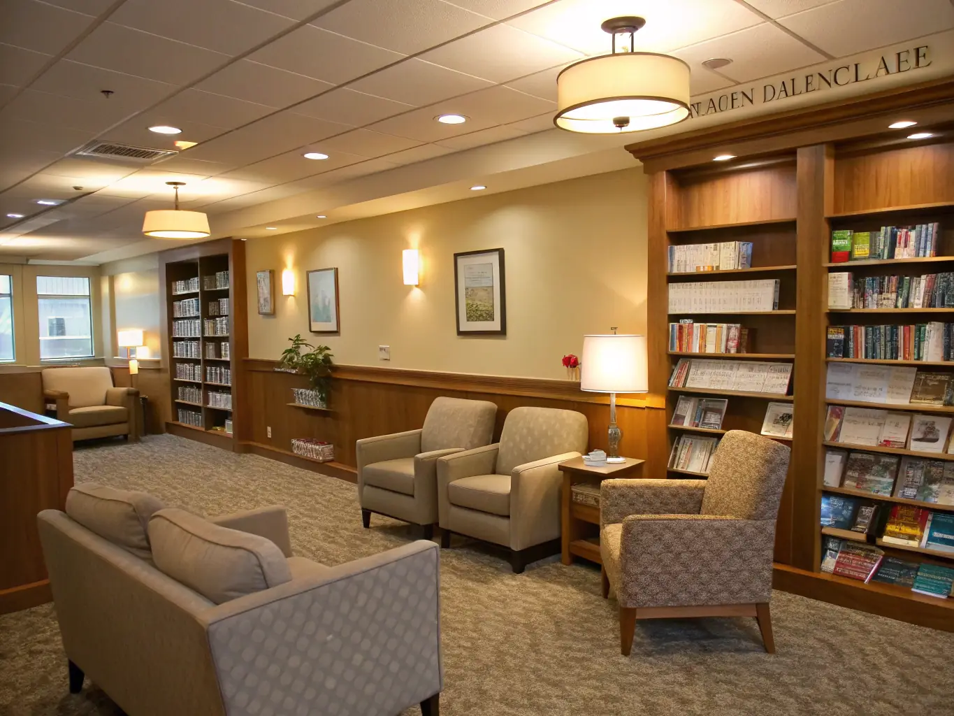A serene hospital library setting with a patient comfortably reading a book in a cozy armchair, soft lighting, and shelves filled with a variety of books in the background.