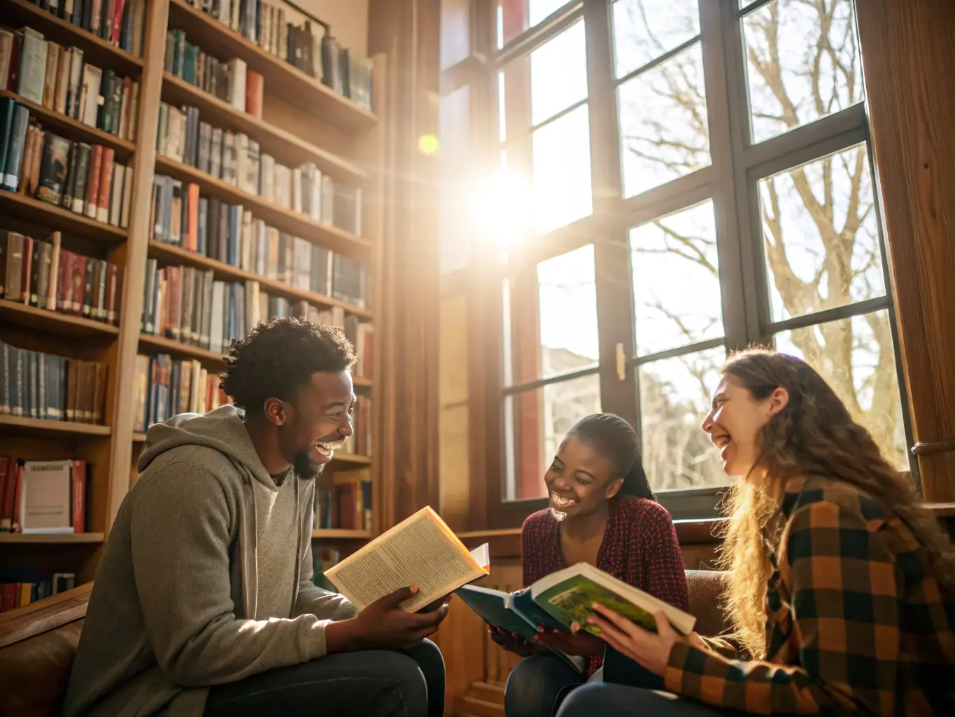A group of patients participating in a reading group discussion led by a facilitator in a hospital library setting, fostering social interaction and community engagement.