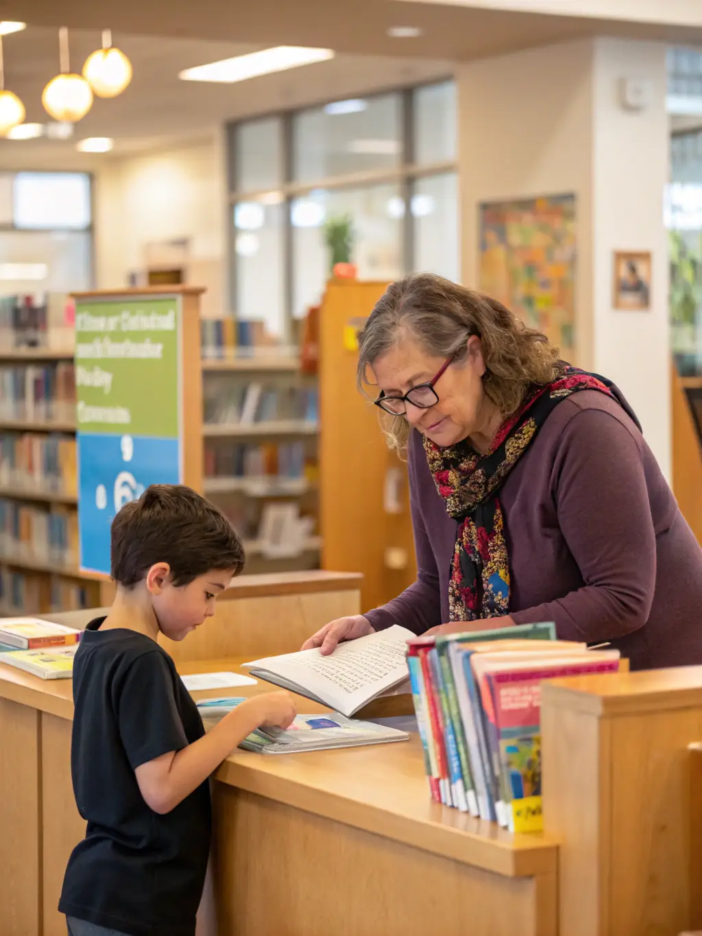 A librarian assisting a patient in selecting a book from the library's collection, offering personalized recommendations based on their interests and preferences.